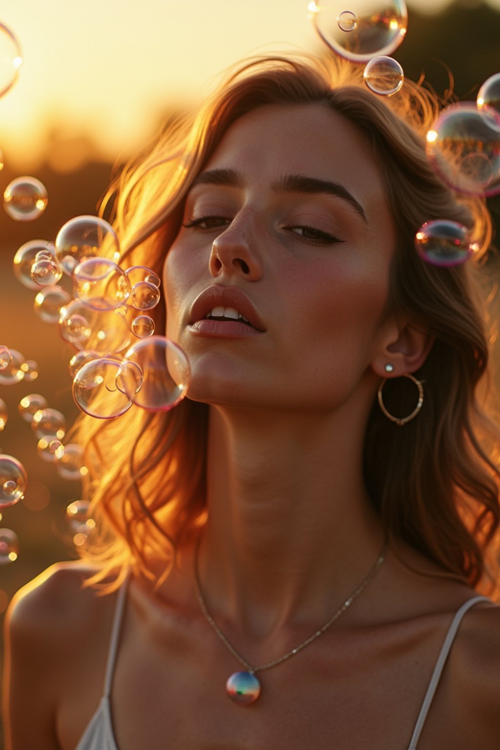 man blowing bubbles. all around her are floating bubbles. many bubbles floating. the bubbles reflect her face. it is golden hour at sunset.