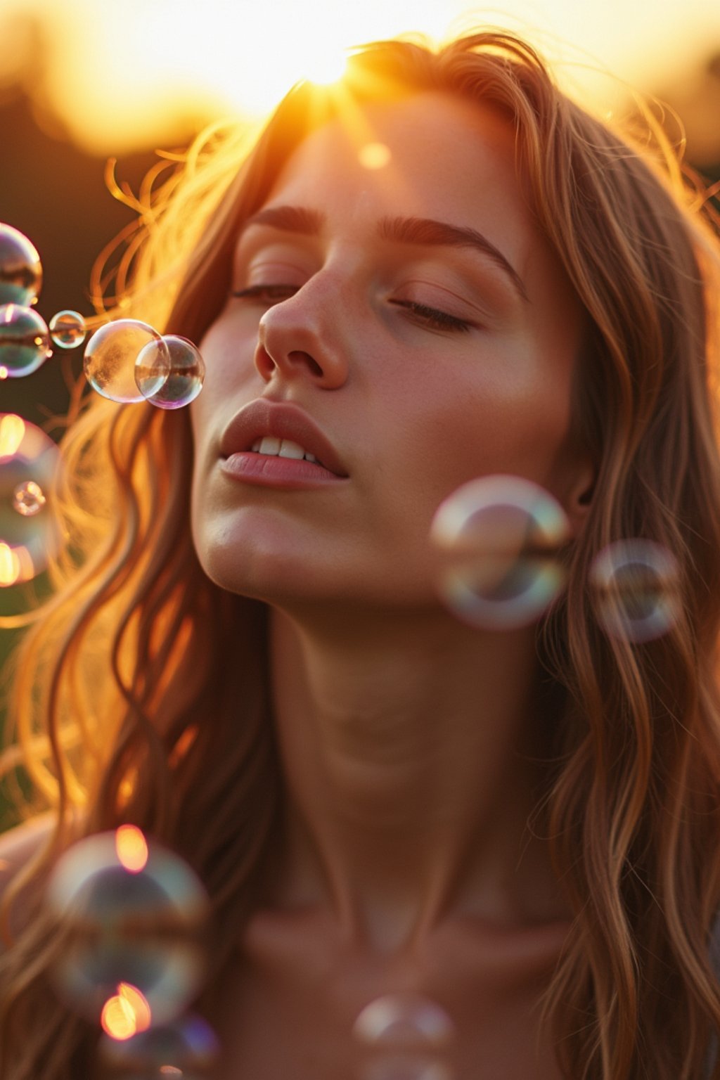 man blowing bubbles. all around her are floating bubbles. many bubbles floating. the bubbles reflect her face. it is golden hour at sunset.