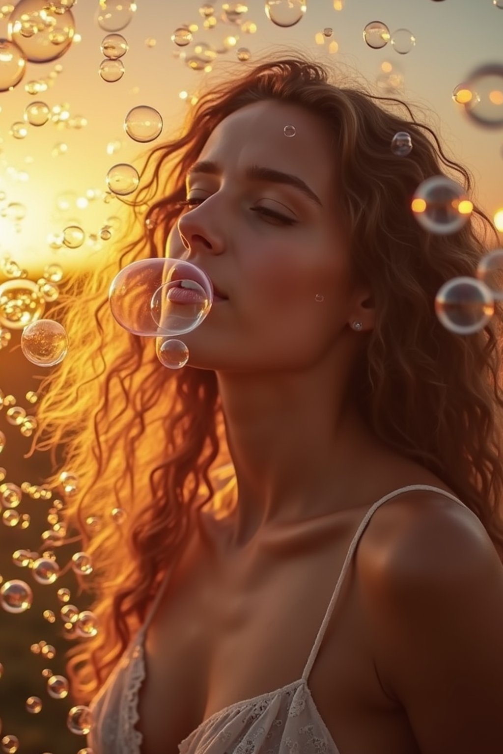 man blowing bubbles. all around her are floating bubbles. many bubbles floating. the bubbles reflect her face. it is golden hour at sunset.