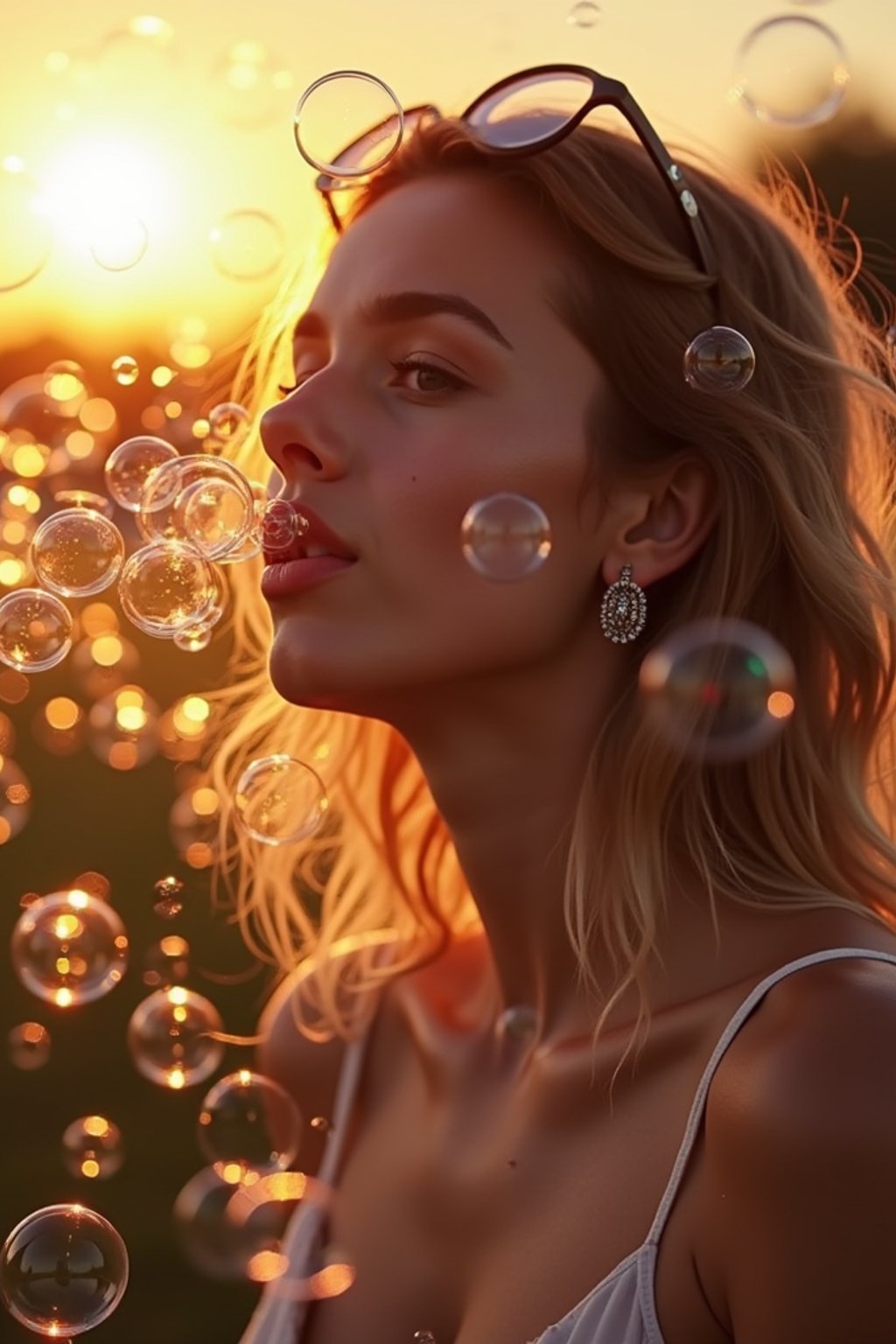 man blowing bubbles. all around her are floating bubbles. many bubbles floating. the bubbles reflect her face. it is golden hour at sunset.