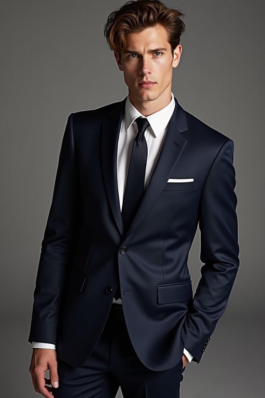 man wearing  navy colored suit in try on fashion shoot for Zara Shein H&M