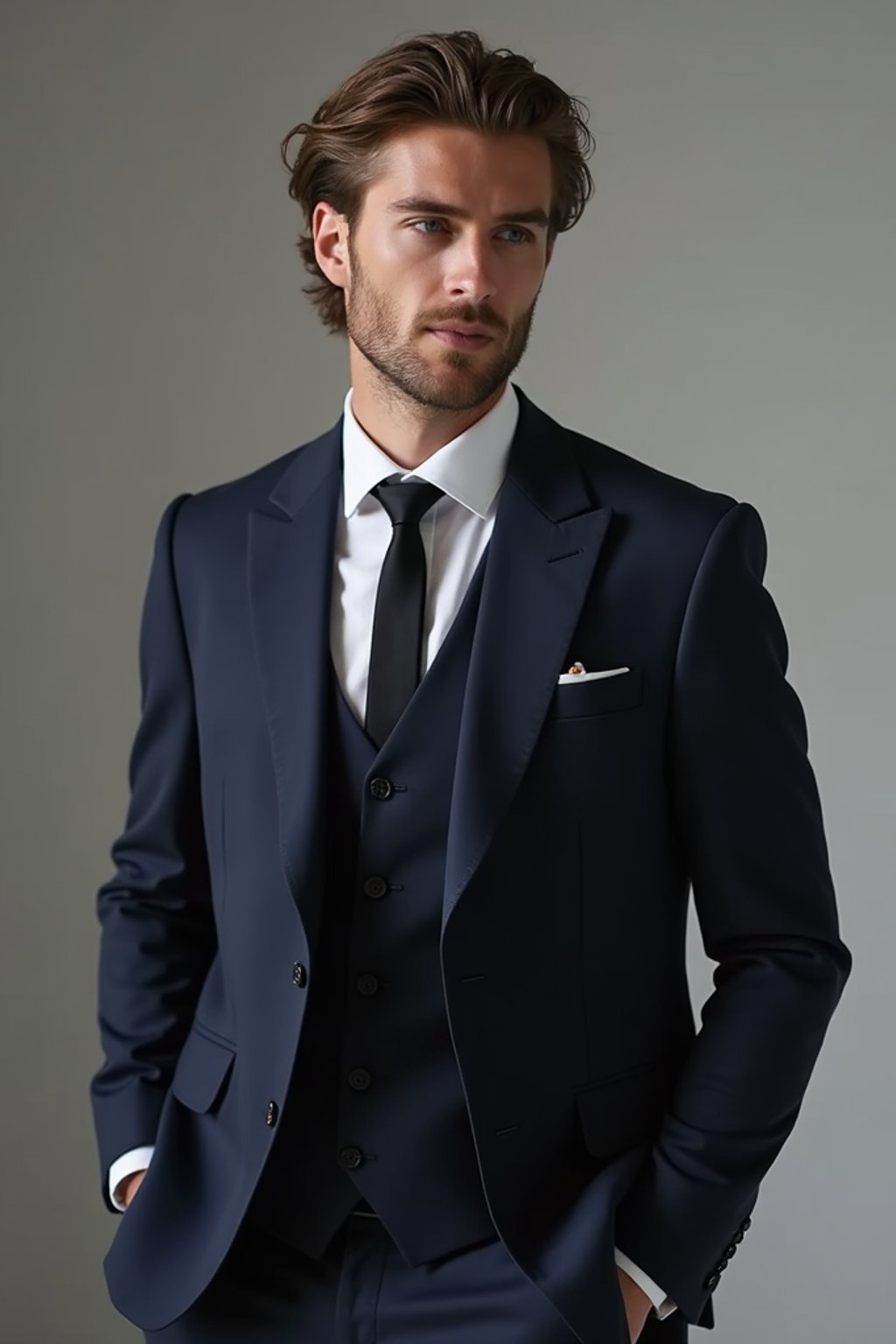 man wearing  navy colored suit in try on fashion shoot for Zara Shein H&M