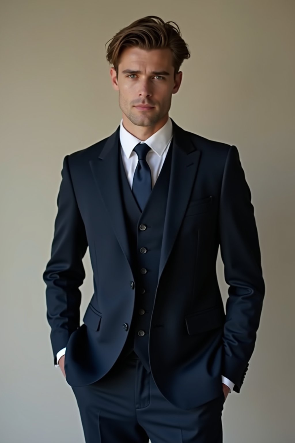 man wearing  navy colored suit in try on fashion shoot for Zara Shein H&M