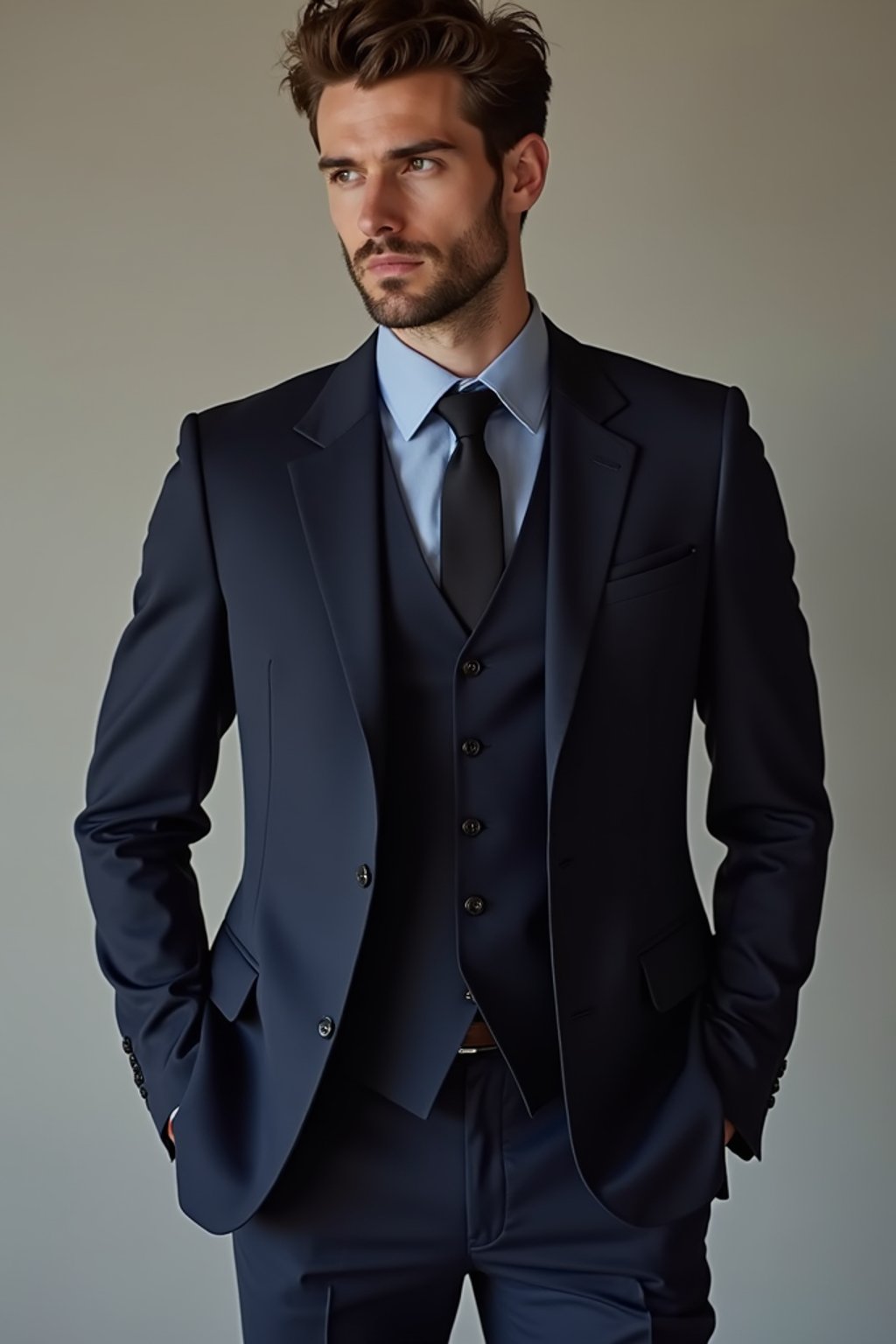 man wearing  navy colored suit in try on fashion shoot for Zara Shein H&M