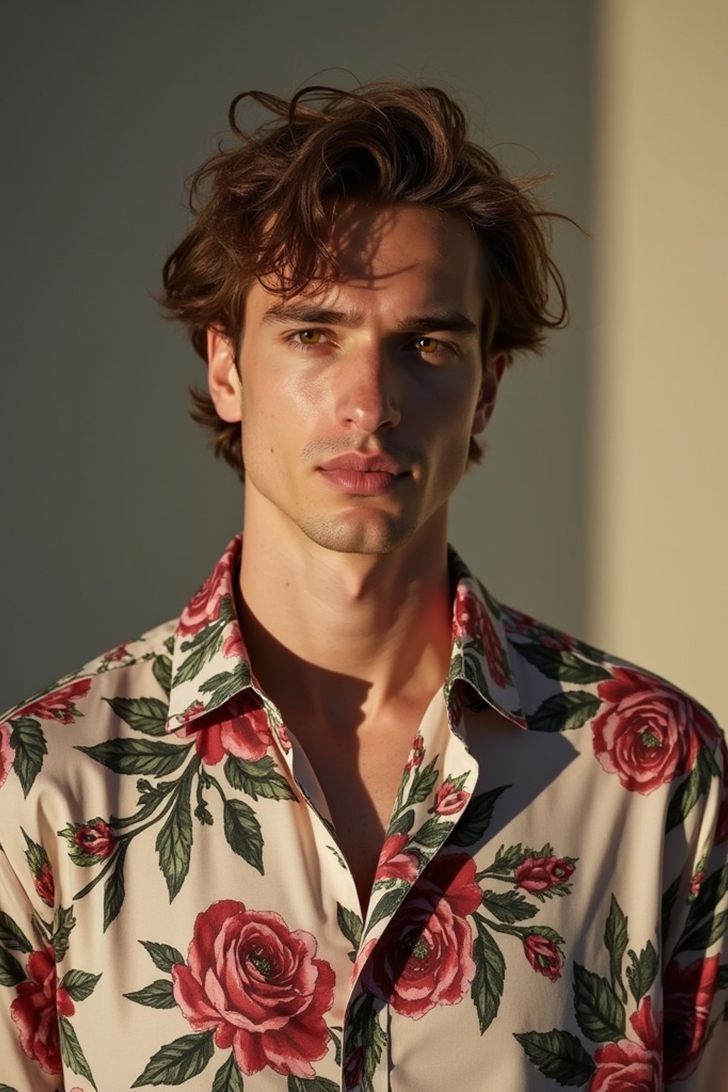 man wearing  floral silk shirt in try on fashion shoot for Zara Shein H&M