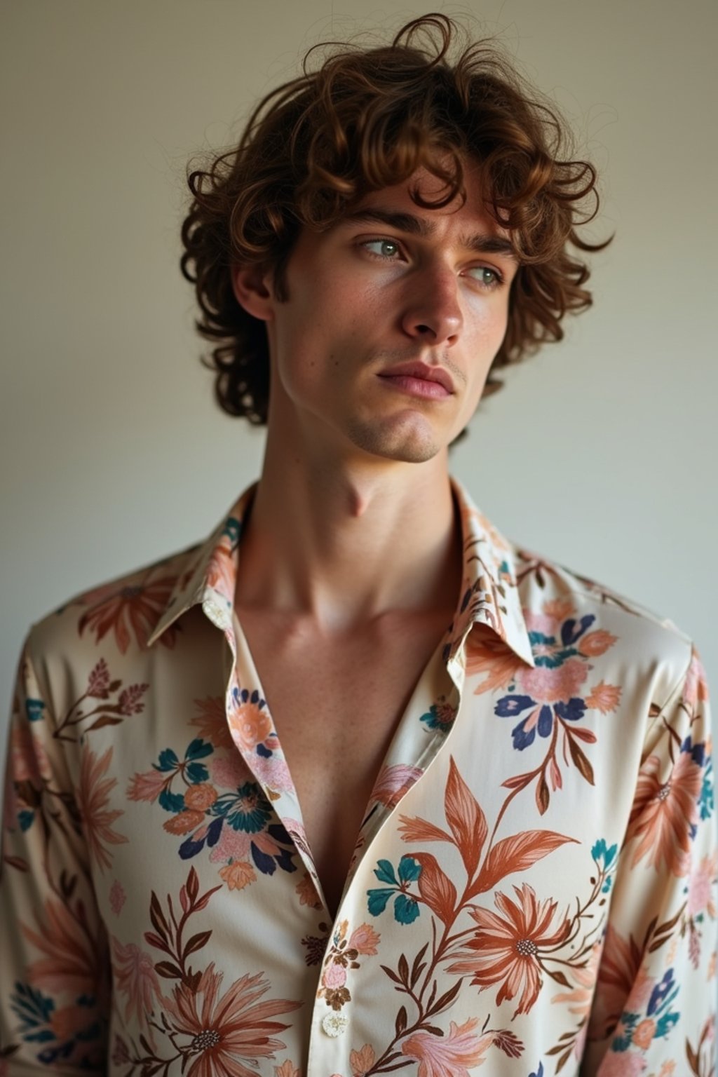 man wearing  floral silk shirt in try on fashion shoot for Zara Shein H&M