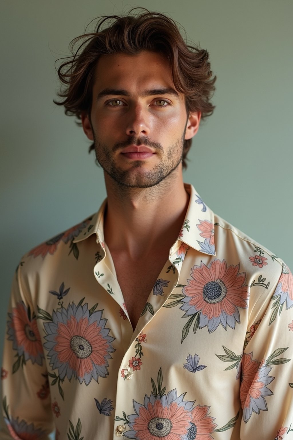 man wearing  floral silk shirt in try on fashion shoot for Zara Shein H&M