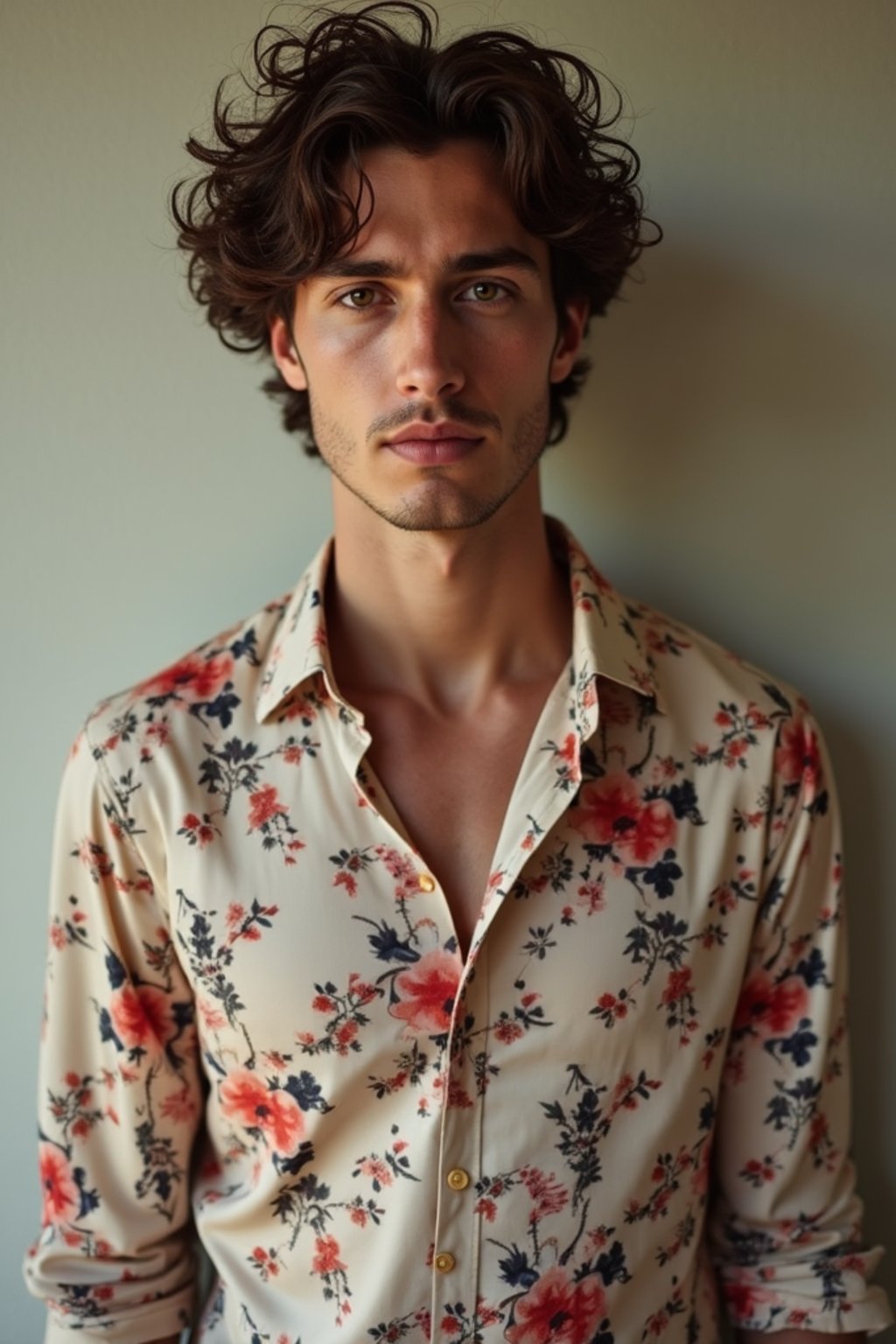 man wearing  floral silk shirt in try on fashion shoot for Zara Shein H&M