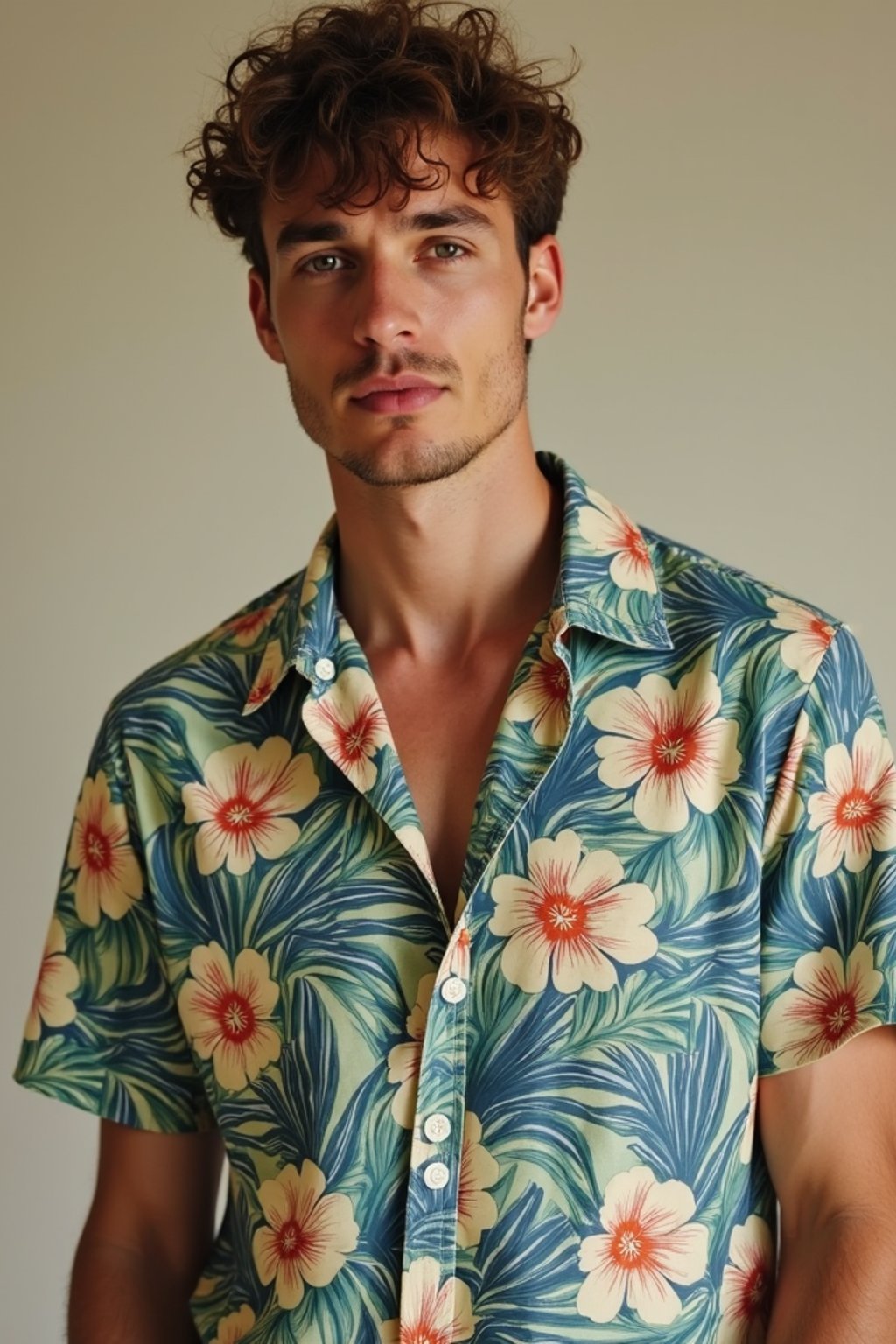 man wearing  hawaii shirt in try on fashion shoot for Zara Shein H&M