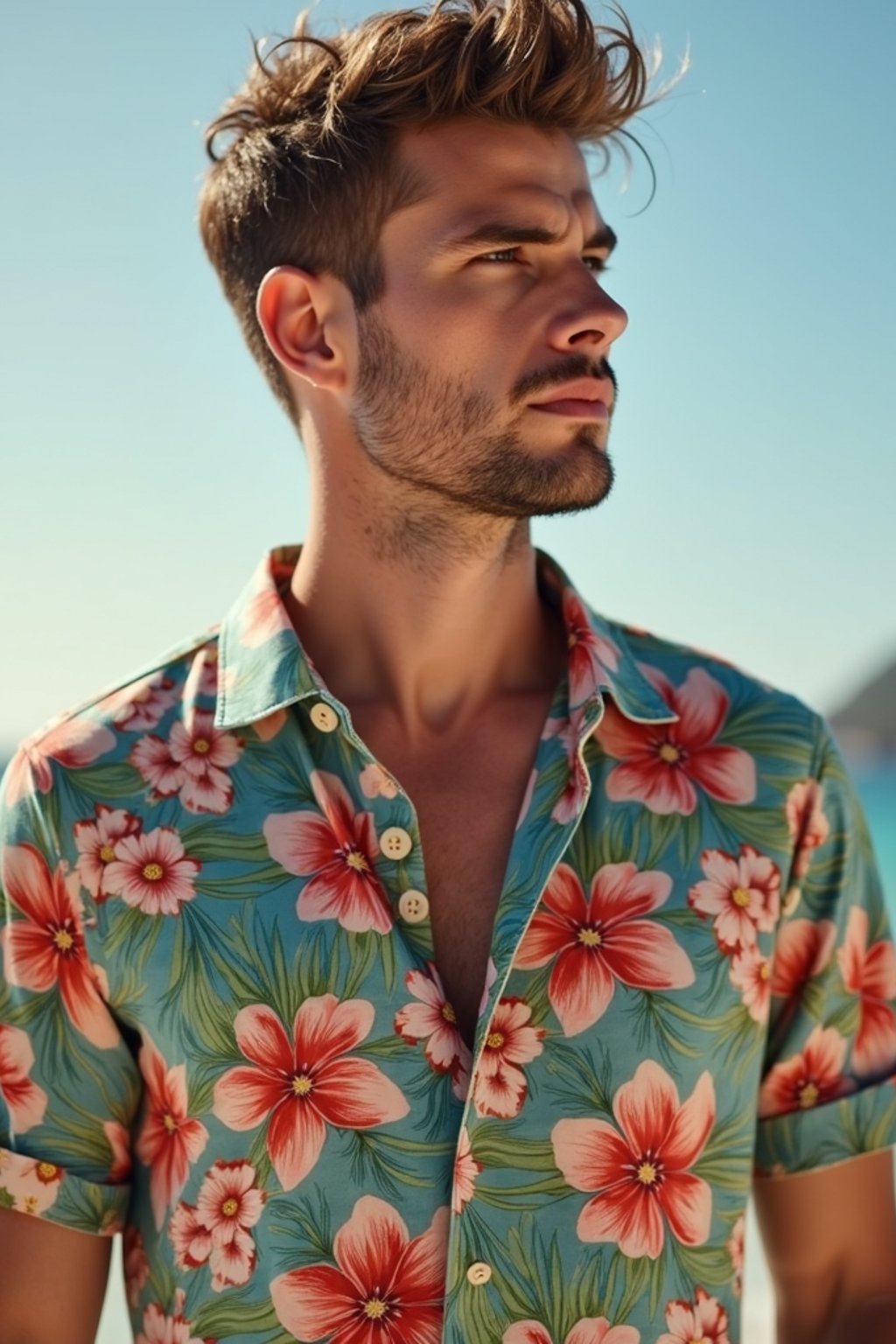 man wearing  hawaii shirt in try on fashion shoot for Zara Shein H&M