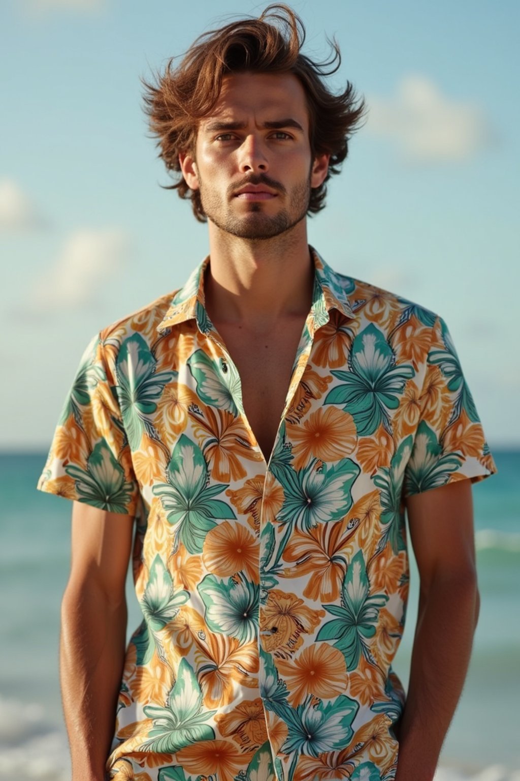 man wearing  hawaii shirt in try on fashion shoot for Zara Shein H&M