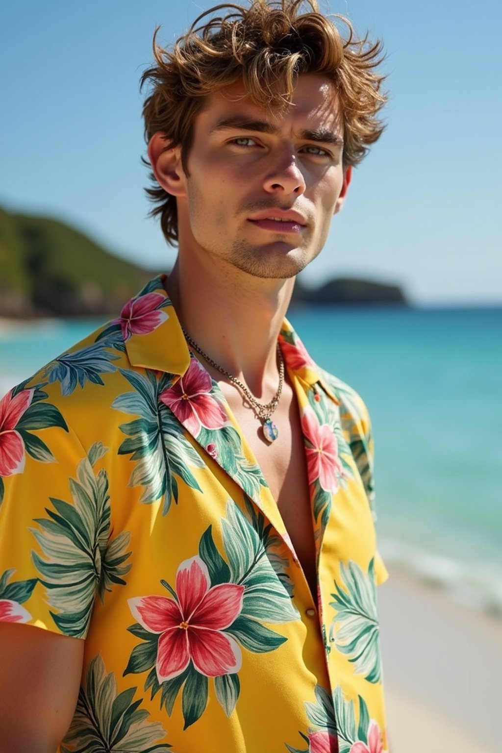 man wearing  hawaii shirt in try on fashion shoot for Zara Shein H&M