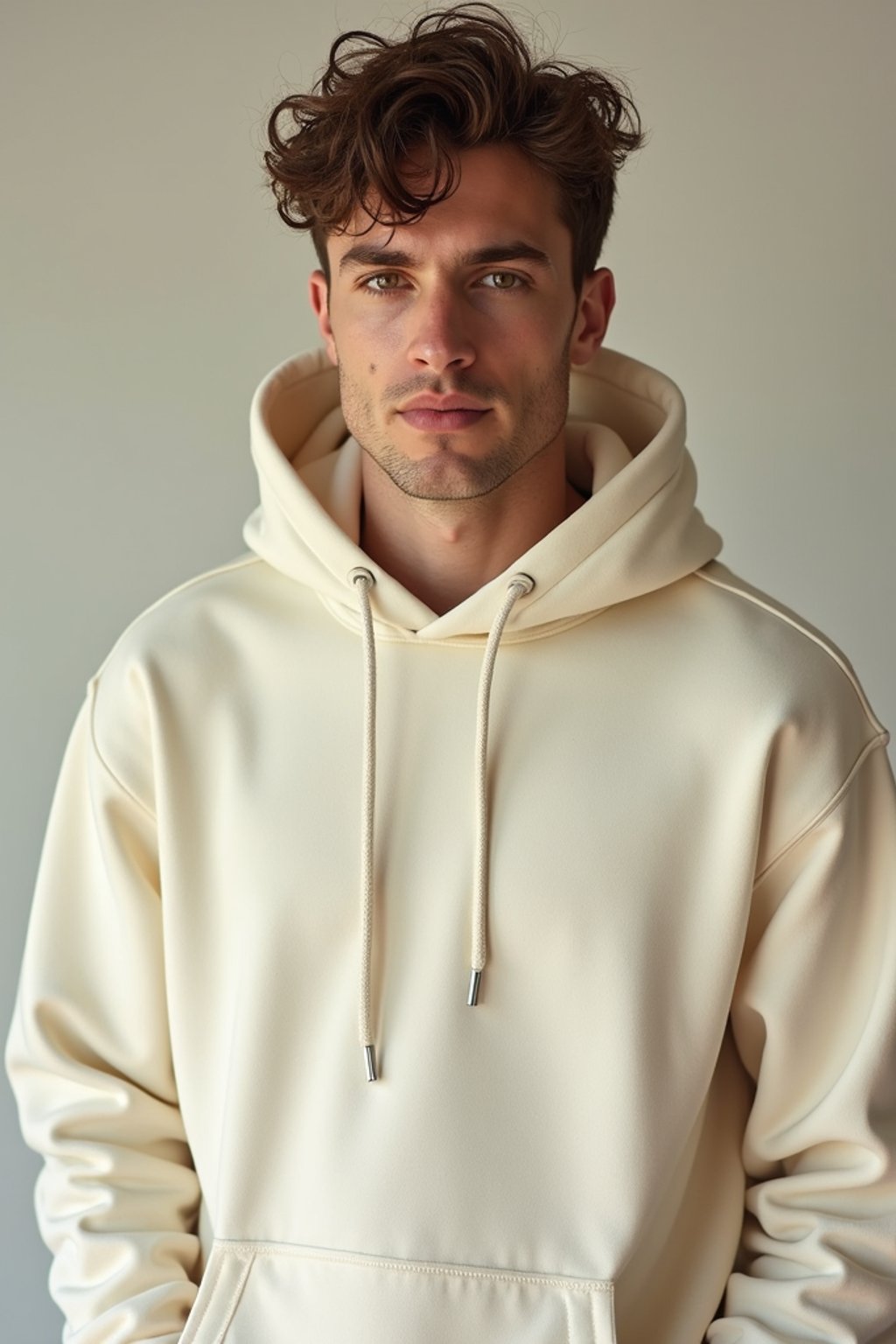 man wearing  cream hoodie in try on fashion shoot for Zara Shein H&M