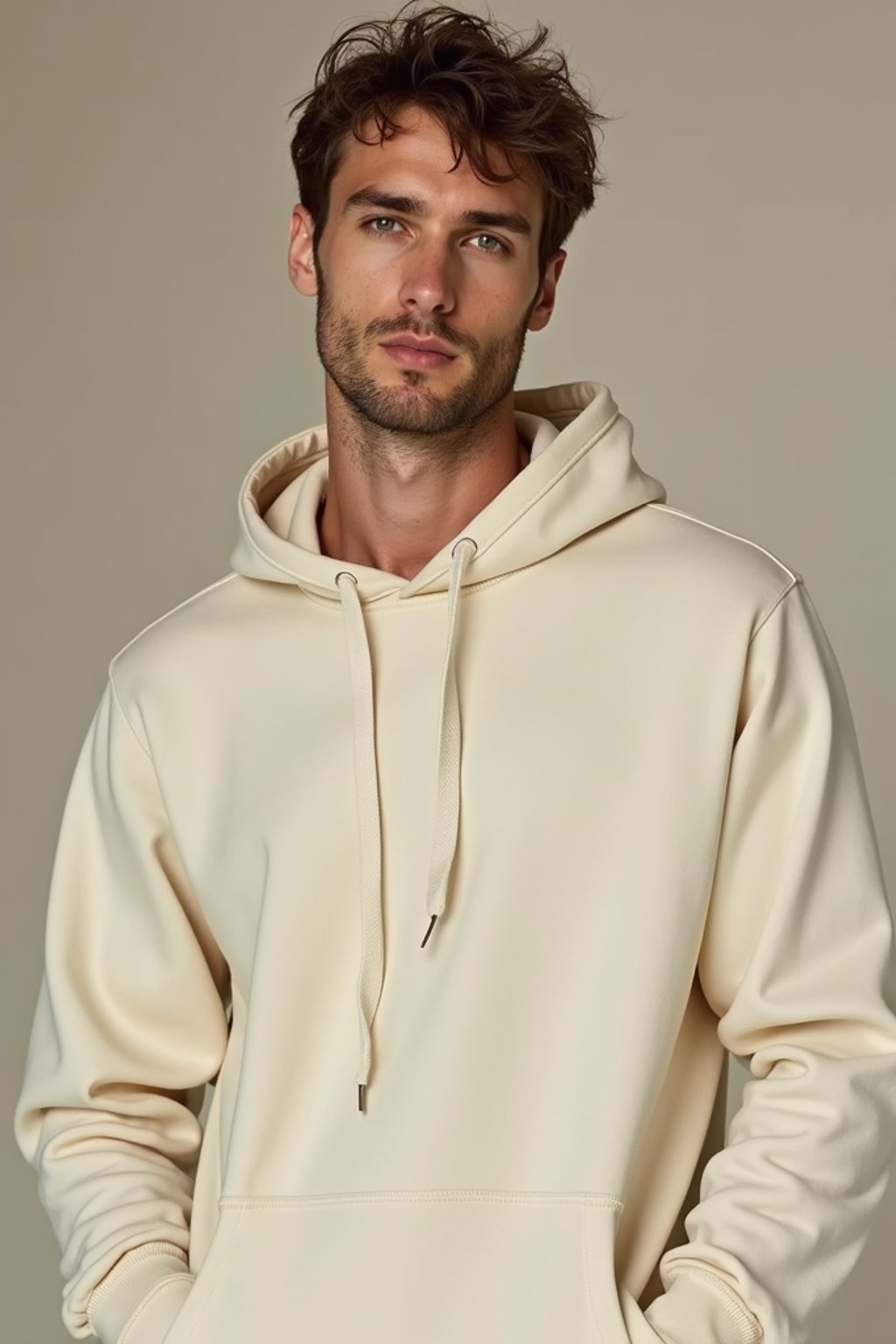 man wearing  cream hoodie in try on fashion shoot for Zara Shein H&M