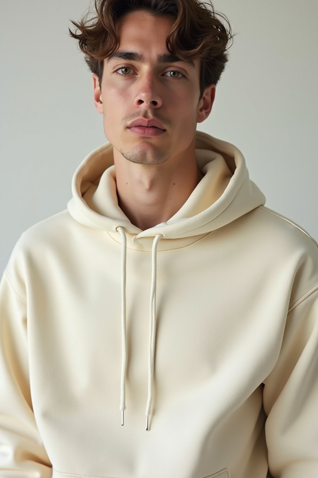 man wearing  cream hoodie in try on fashion shoot for Zara Shein H&M