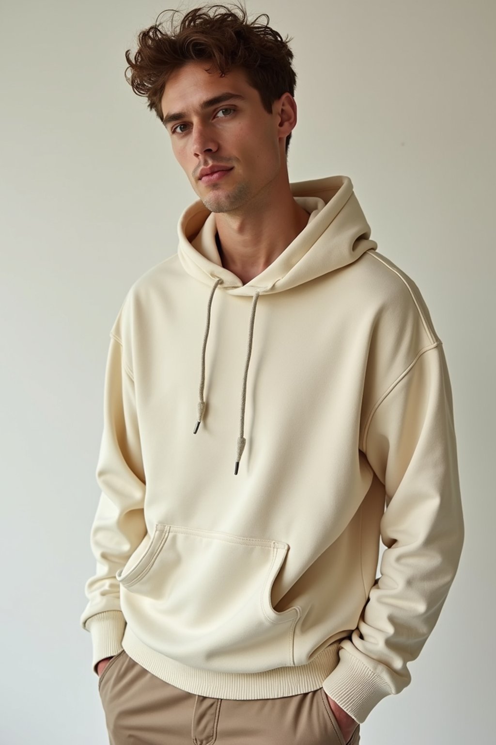 man wearing  cream hoodie in try on fashion shoot for Zara Shein H&M