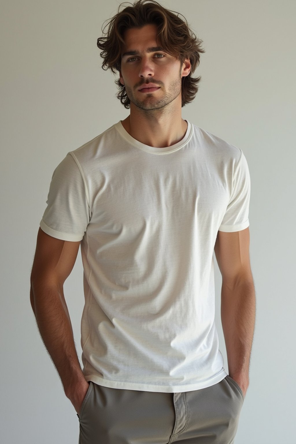 man wearing  t-shirt and pants in try on fashion shoot for Zara Shein H&M