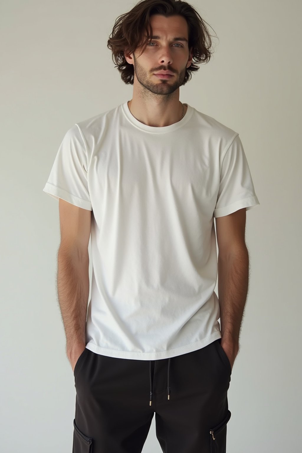 man wearing  t-shirt and pants in try on fashion shoot for Zara Shein H&M