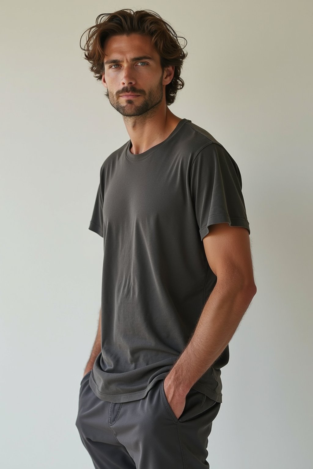 man wearing  t-shirt and pants in try on fashion shoot for Zara Shein H&M