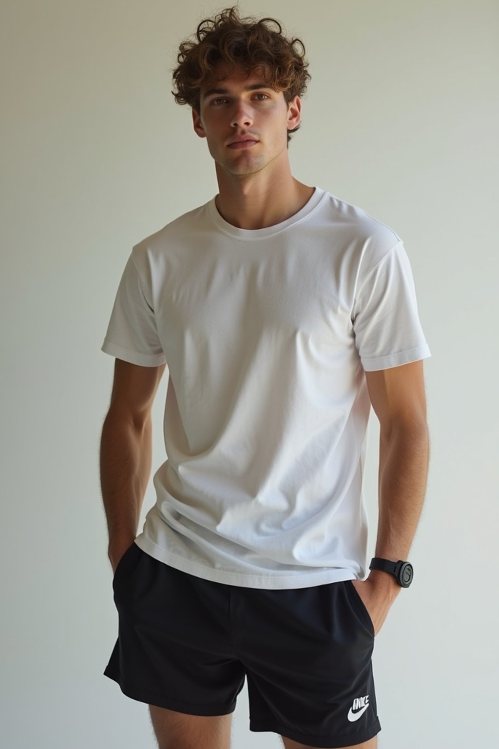 man wearing  t-shirt and gym shorts in try on fashion shoot for Zara Shein H&M