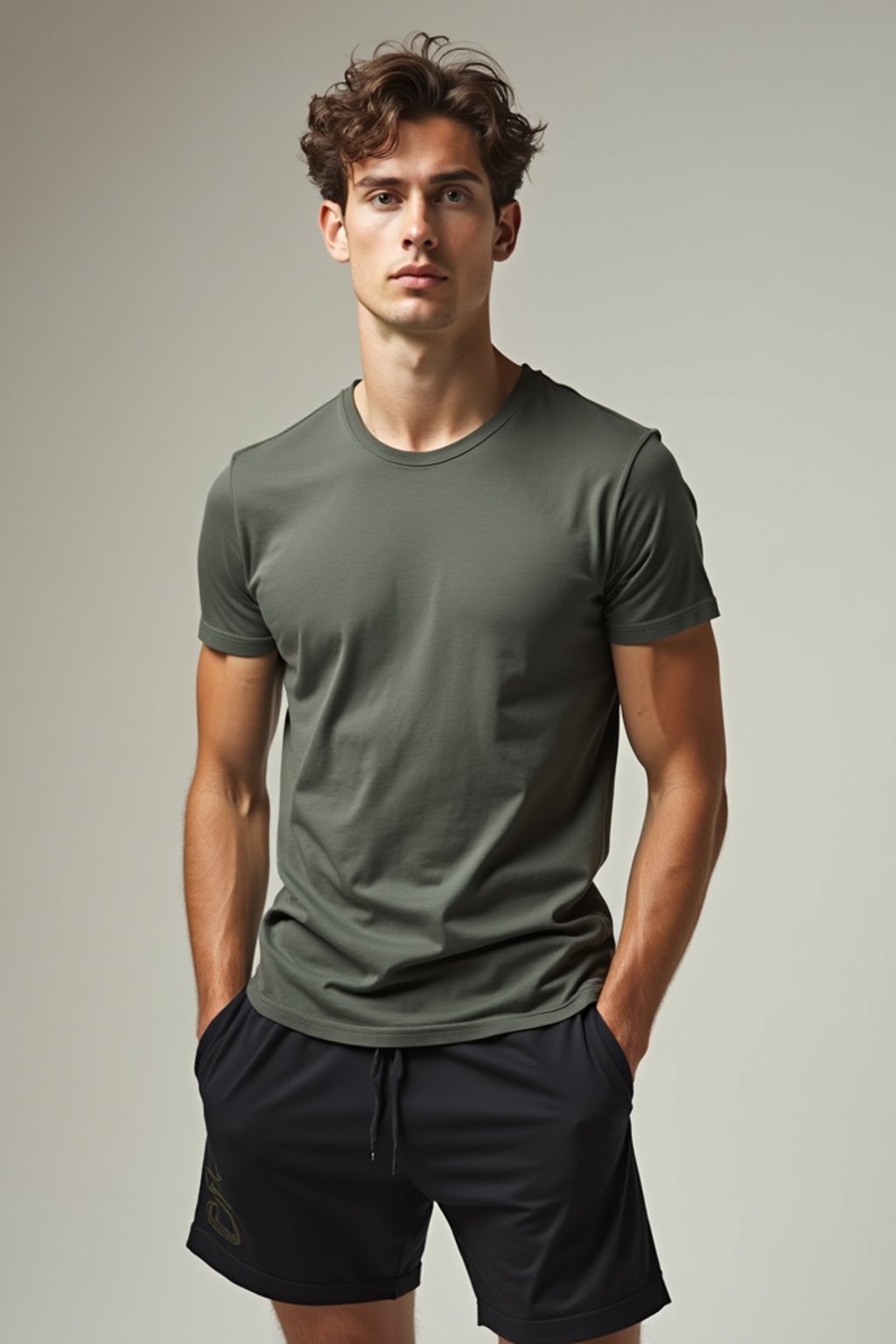 man wearing  t-shirt and gym shorts in try on fashion shoot for Zara Shein H&M