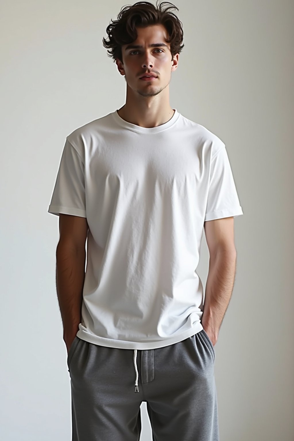 man wearing  t-shirt and gym shorts in try on fashion shoot for Zara Shein H&M