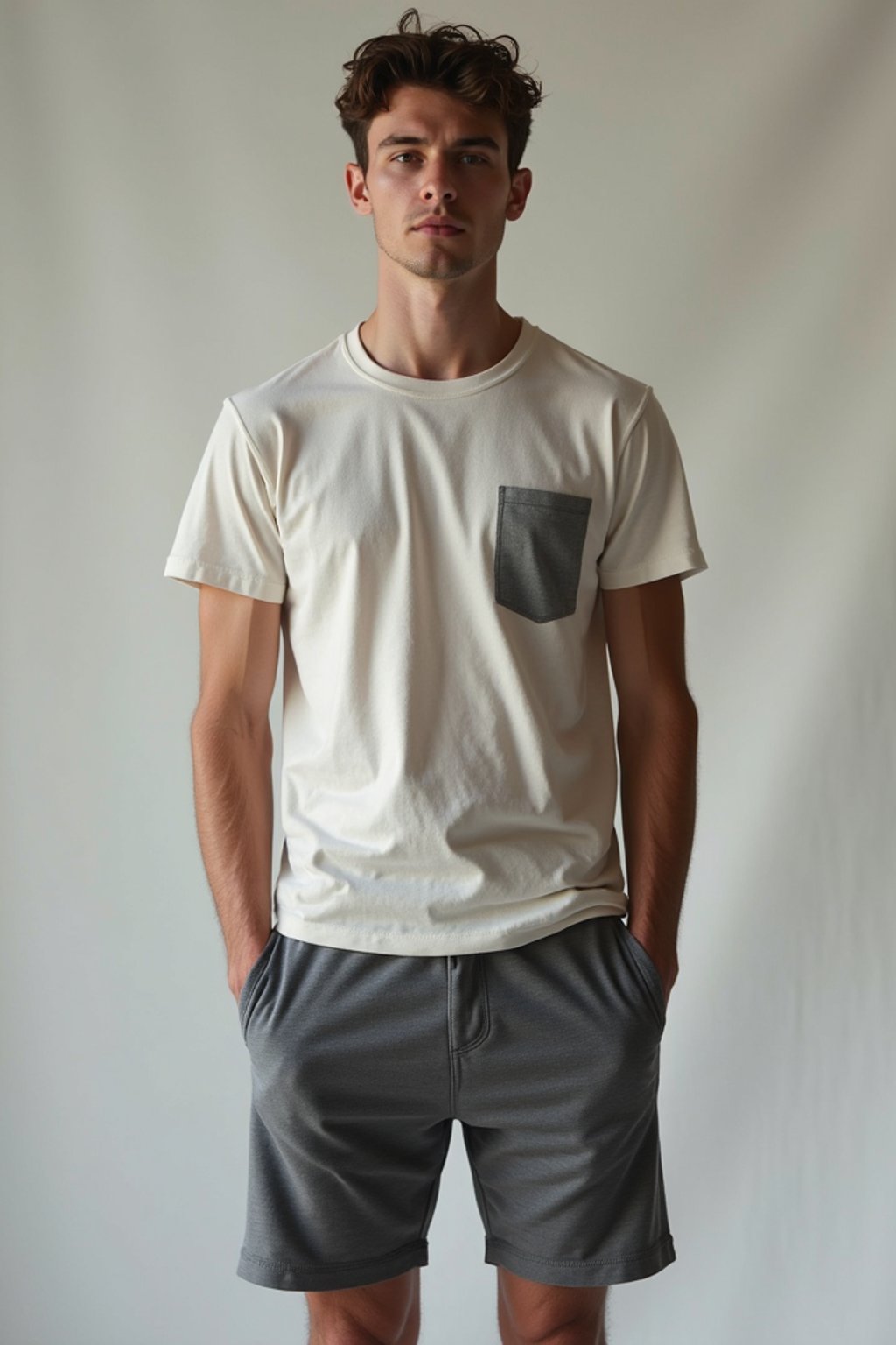 man wearing  t-shirt and gym shorts in try on fashion shoot for Zara Shein H&M