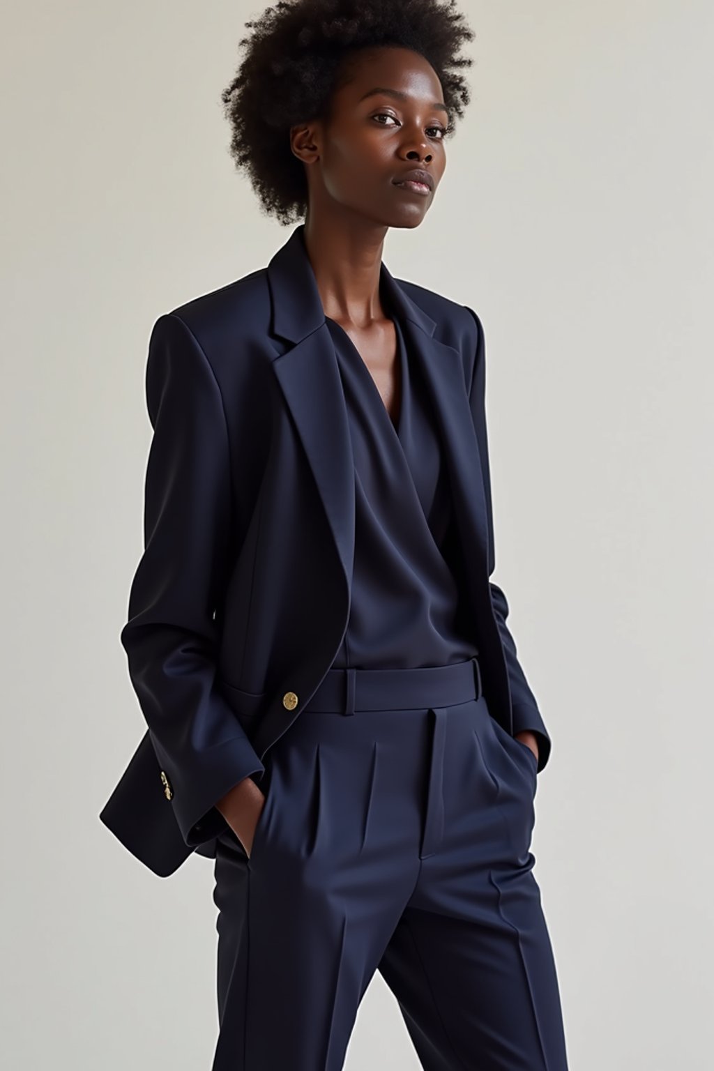 woman wearing navy colopink pants suit  in try on fashion shoot for Zara Shein H&M