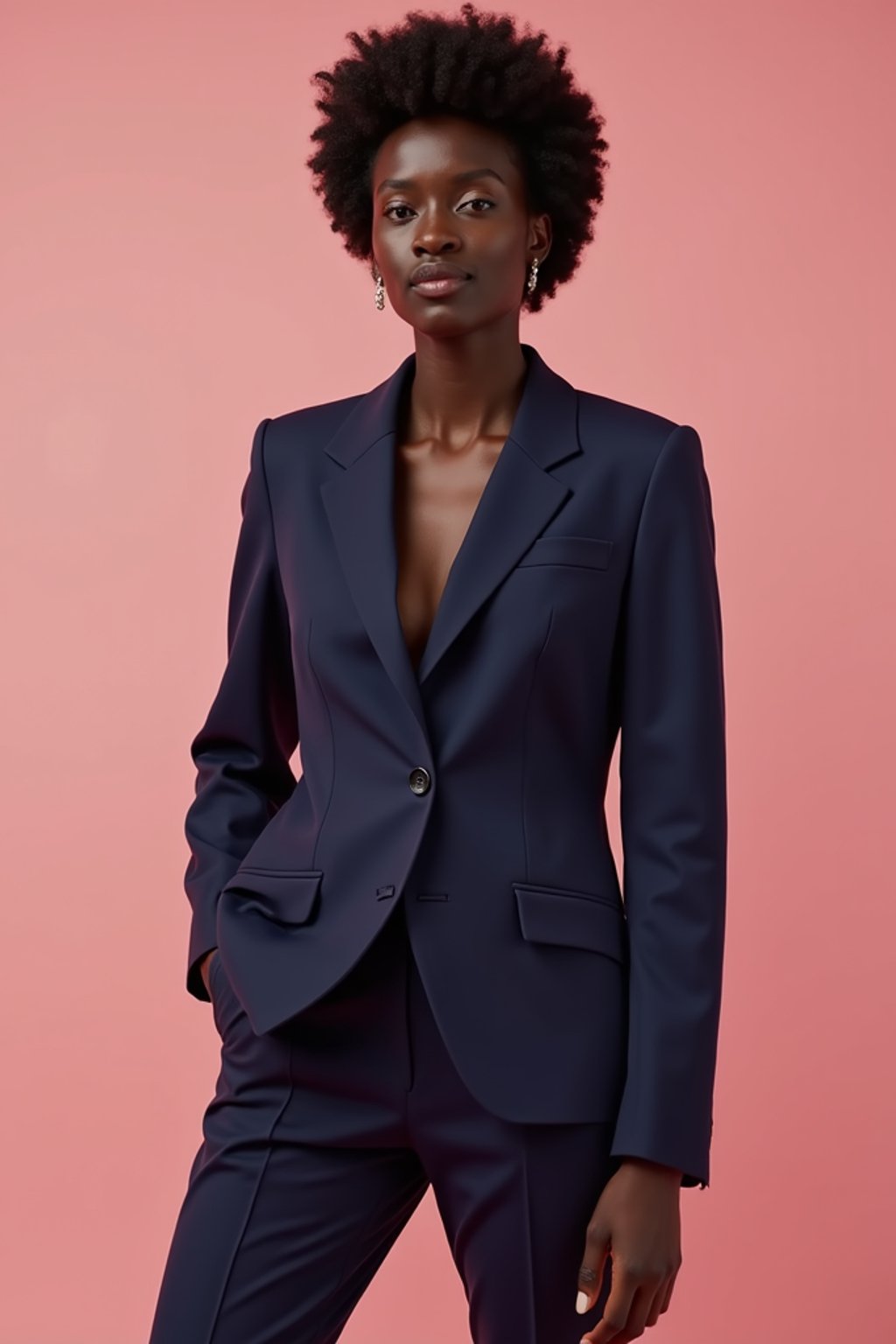 woman wearing navy colopink pants suit  in try on fashion shoot for Zara Shein H&M