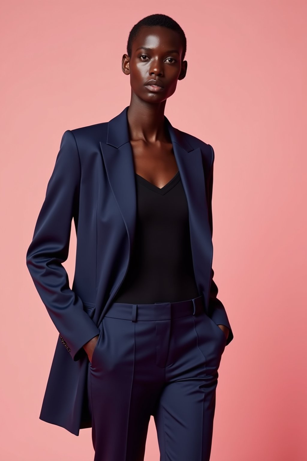 woman wearing navy colopink pants suit  in try on fashion shoot for Zara Shein H&M