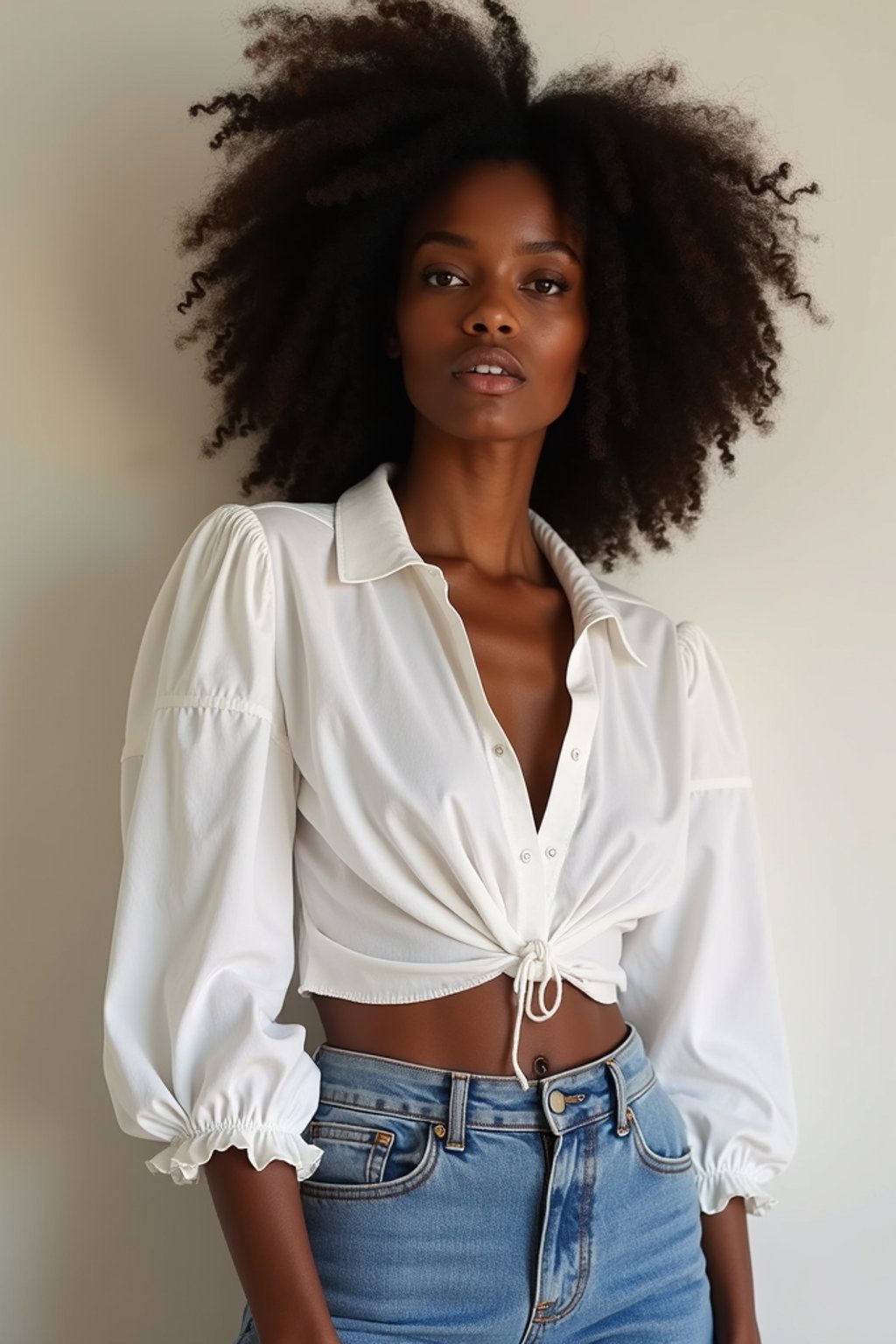 woman wearing white cropped blouse and denim jeans  in try on fashion shoot for Zara Shein H&M