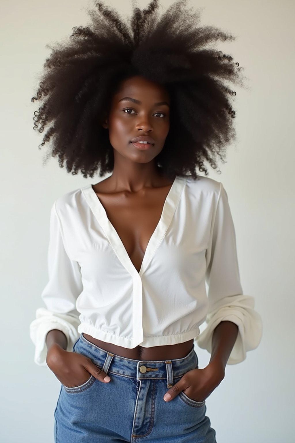 woman wearing white cropped blouse and denim jeans  in try on fashion shoot for Zara Shein H&M