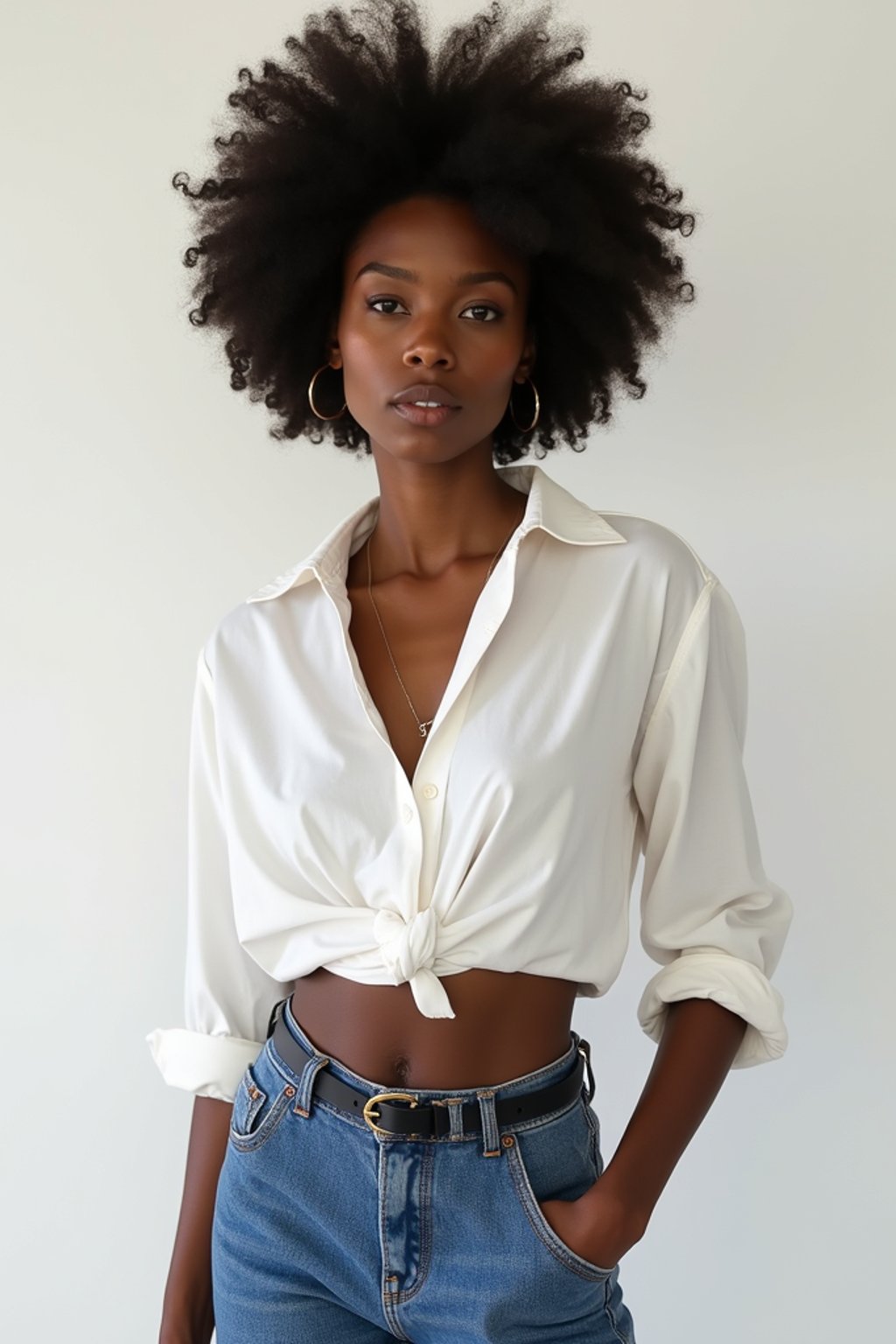 woman wearing white cropped blouse and denim jeans  in try on fashion shoot for Zara Shein H&M