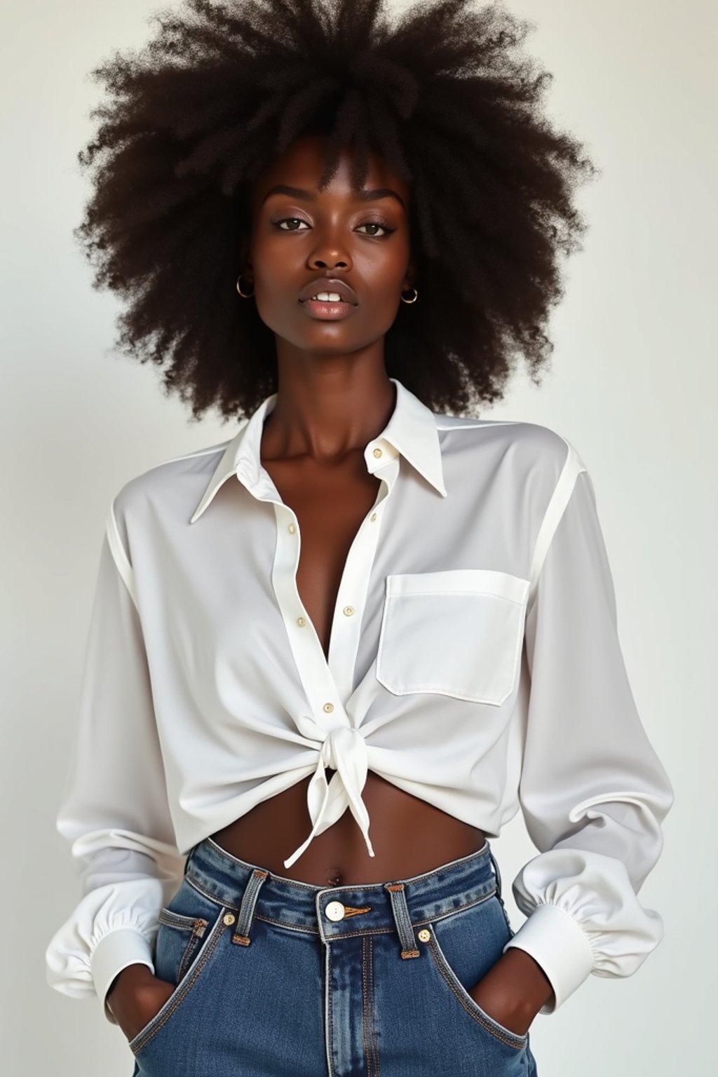 woman wearing white cropped blouse and denim jeans  in try on fashion shoot for Zara Shein H&M