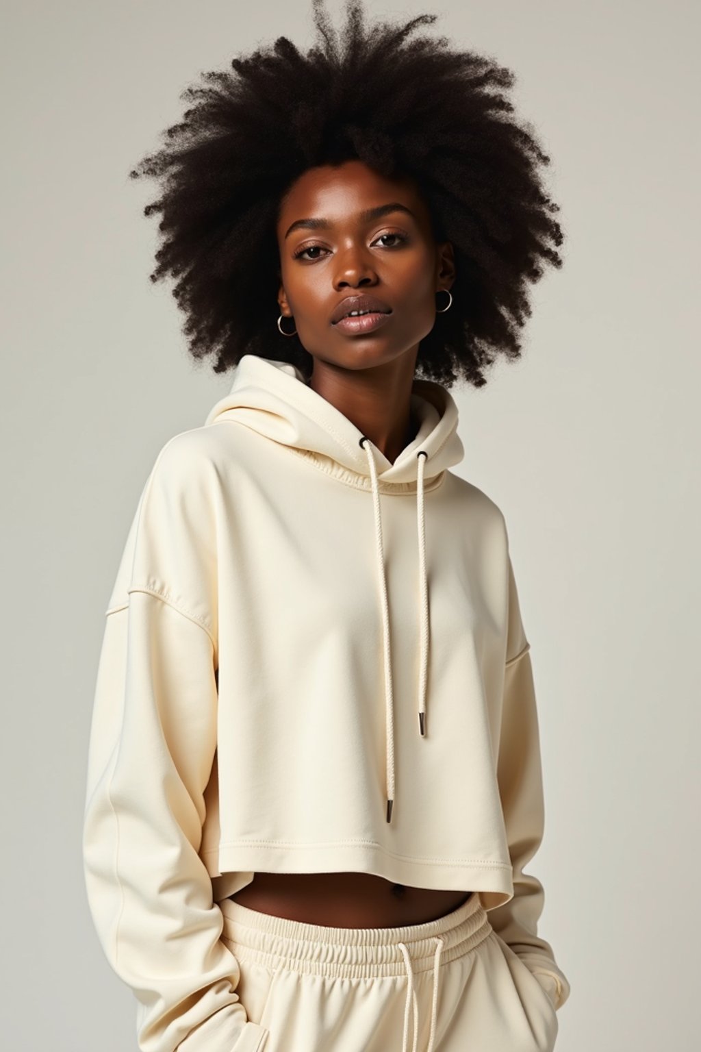 woman wearing cropped cream hoodie  in try on fashion shoot for Zara Shein H&M