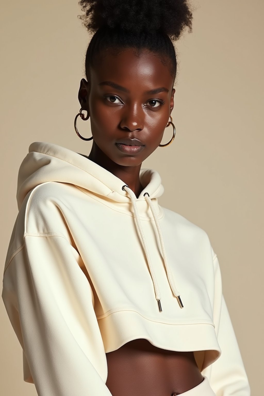 woman wearing cropped cream hoodie  in try on fashion shoot for Zara Shein H&M