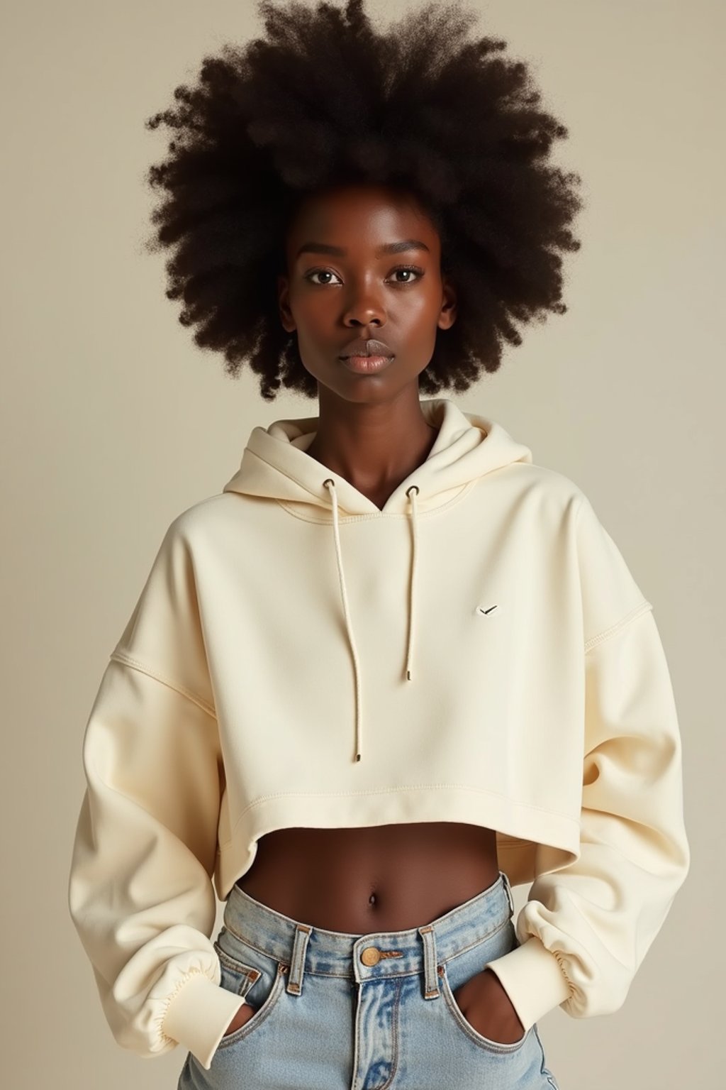 woman wearing cropped cream hoodie  in try on fashion shoot for Zara Shein H&M