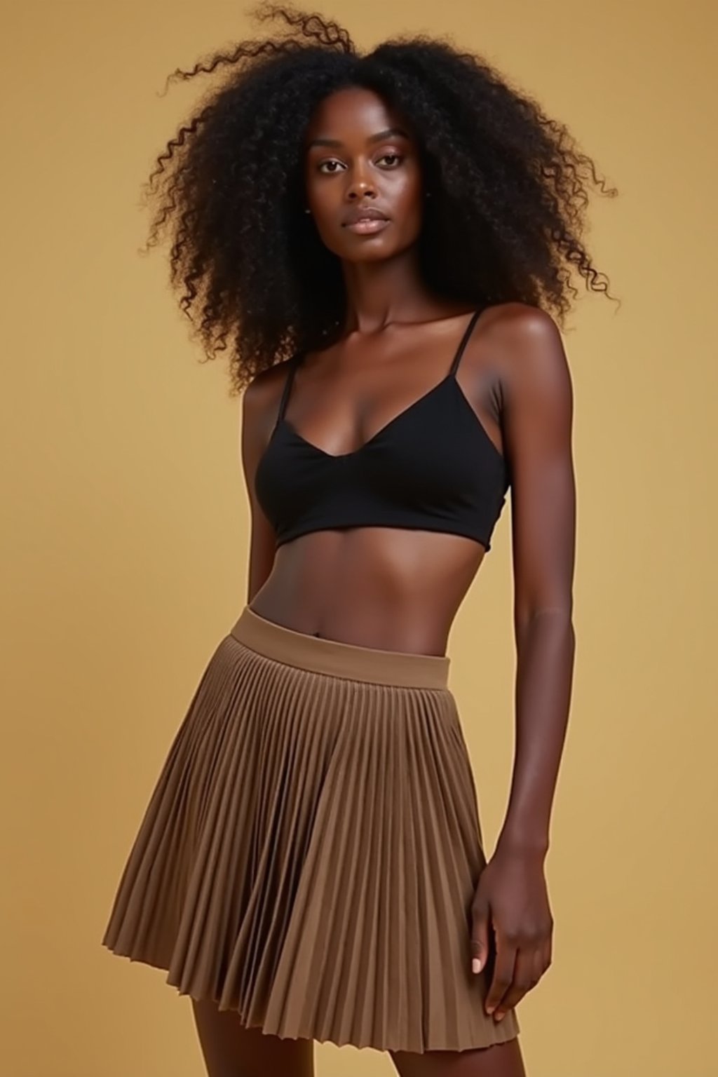 woman wearing crop top and short pleated skirt  in try on fashion shoot for Zara Shein H&M