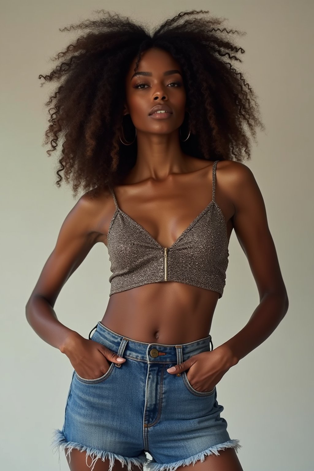 woman wearing crop top and denim shorts  in try on fashion shoot for Zara Shein H&M