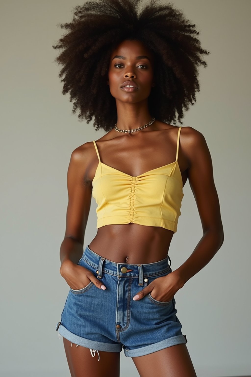 woman wearing crop top and denim shorts  in try on fashion shoot for Zara Shein H&M