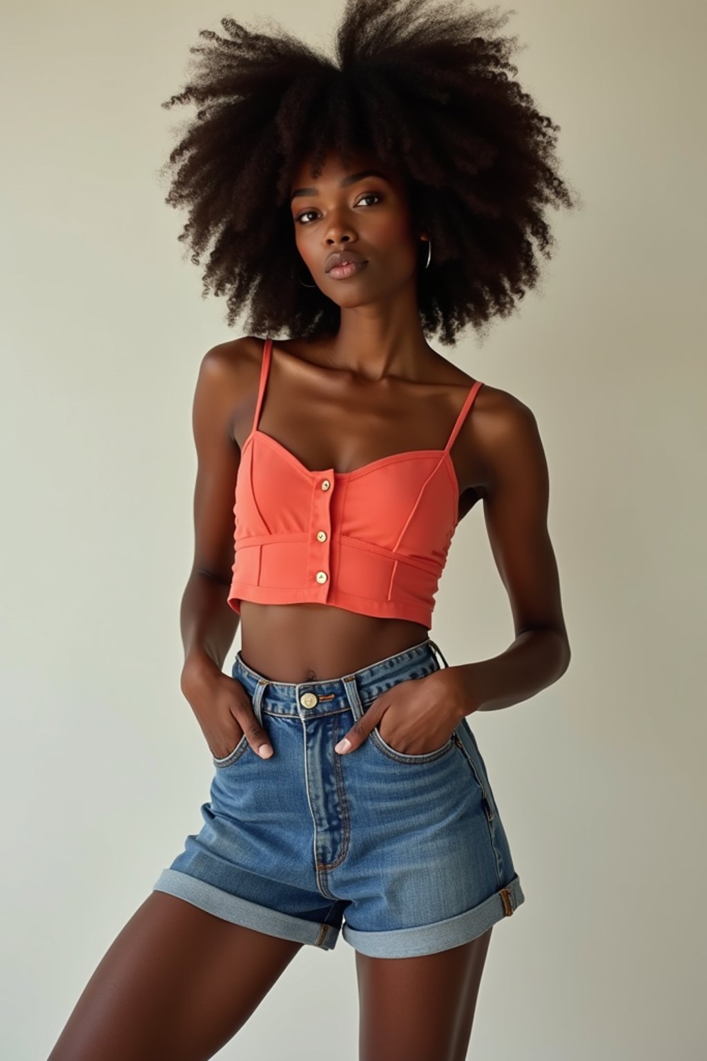 woman wearing crop top and denim shorts  in try on fashion shoot for Zara Shein H&M