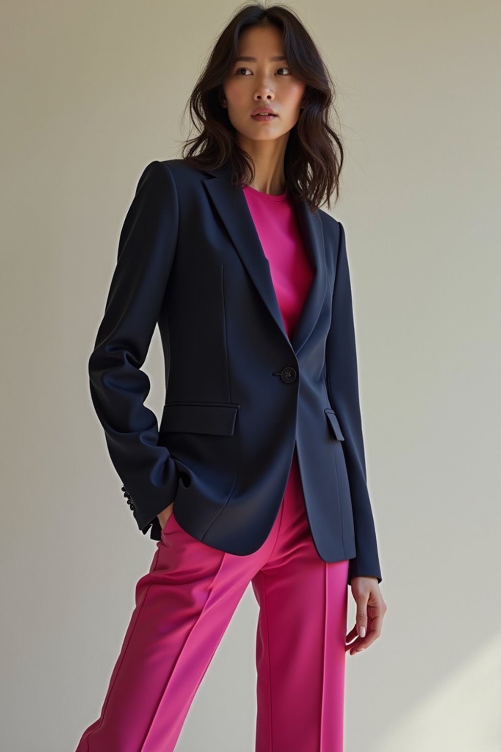 woman wearing navy colopink pants suit  in try on fashion shoot for Zara Shein H&M