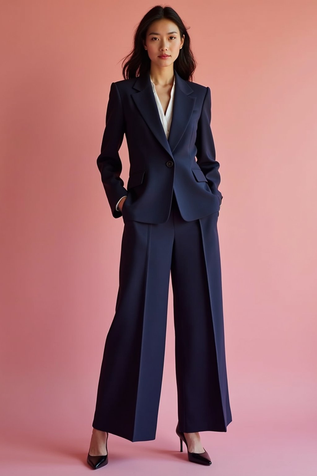 woman wearing navy colopink pants suit  in try on fashion shoot for Zara Shein H&M