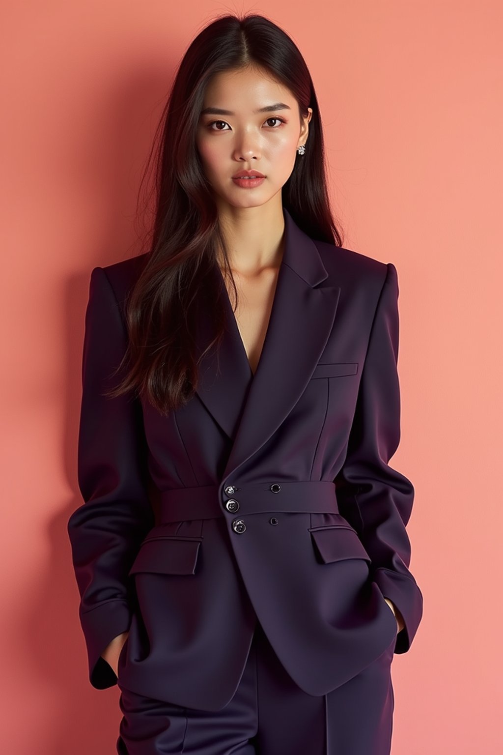 woman wearing navy colopink pants suit  in try on fashion shoot for Zara Shein H&M