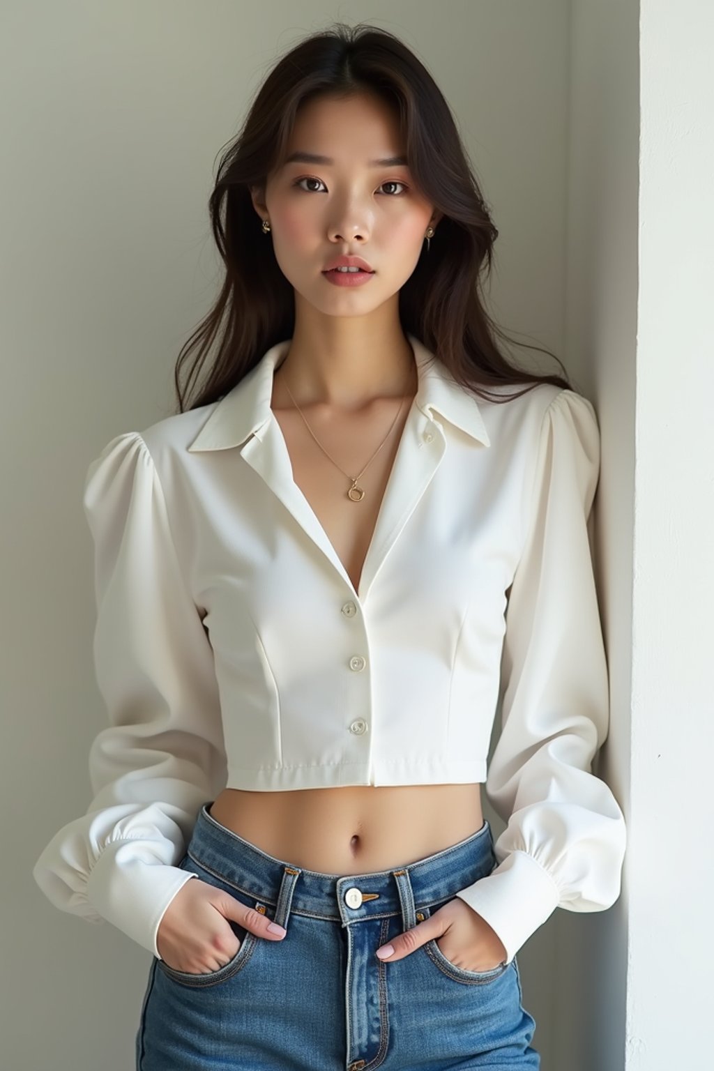 woman wearing white cropped blouse and denim jeans  in try on fashion shoot for Zara Shein H&M