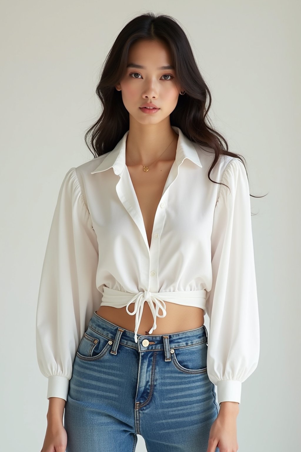 woman wearing white cropped blouse and denim jeans  in try on fashion shoot for Zara Shein H&M