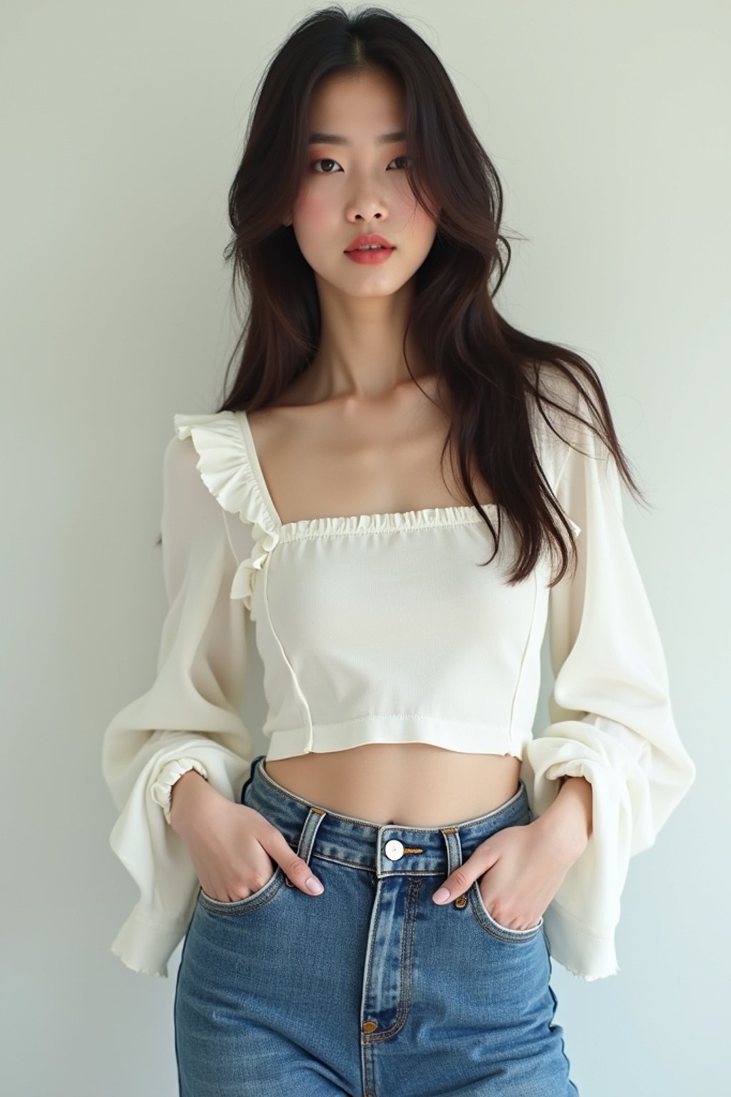 woman wearing white cropped blouse and denim jeans  in try on fashion shoot for Zara Shein H&M