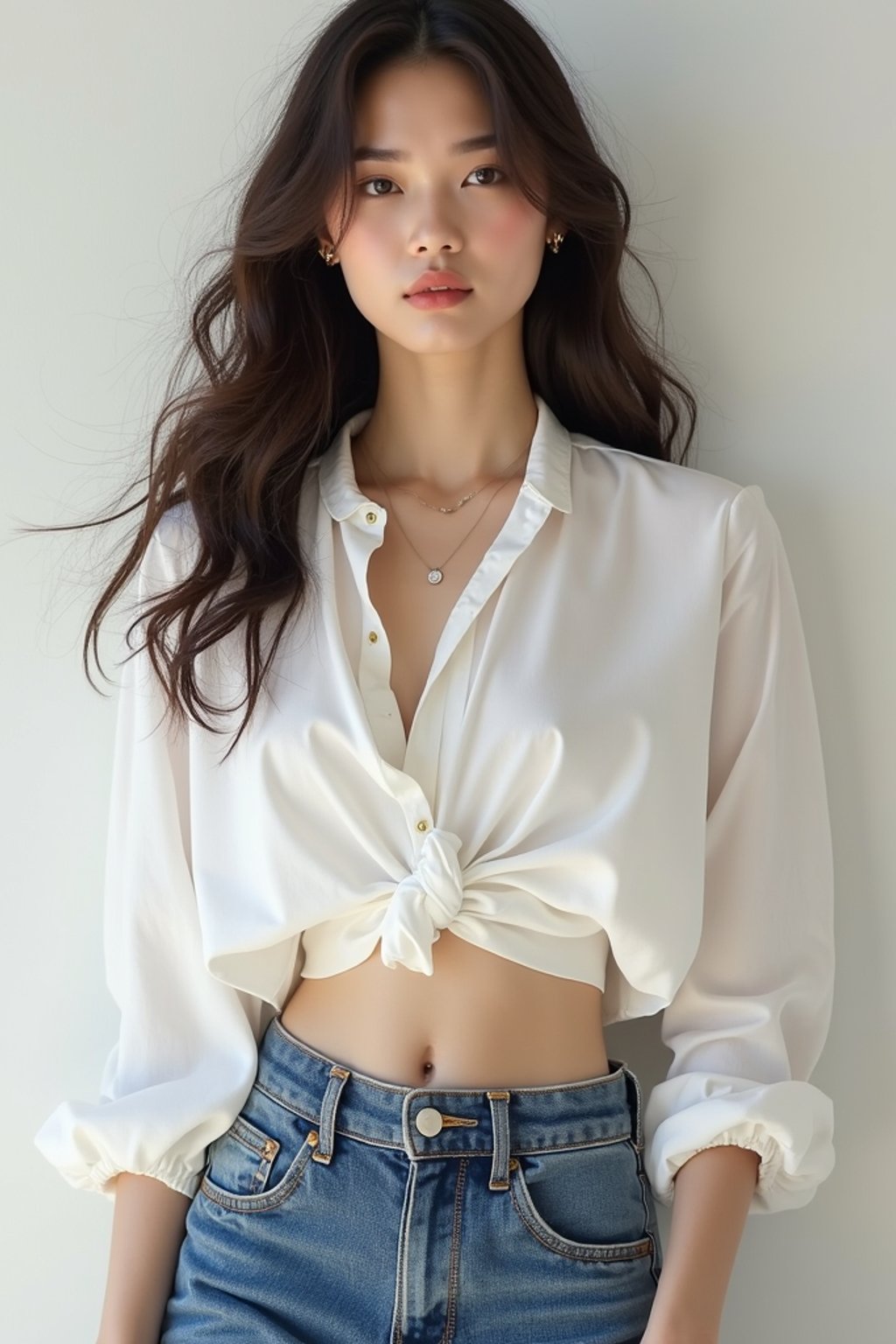 woman wearing white cropped blouse and denim jeans  in try on fashion shoot for Zara Shein H&M