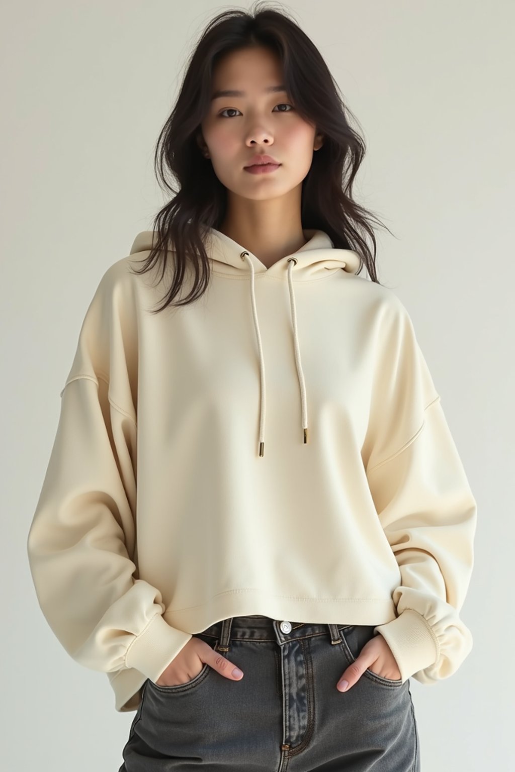 woman wearing cropped cream hoodie  in try on fashion shoot for Zara Shein H&M