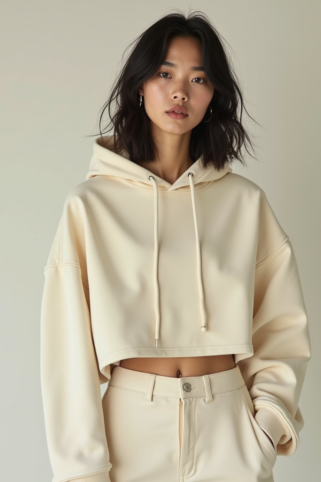 woman wearing cropped cream hoodie  in try on fashion shoot for Zara Shein H&M